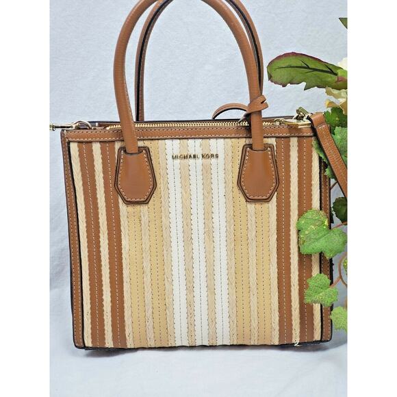 Michael Kors Rare Woven Rattan Straw Tote Handbag Leather Tan Purse Bag Pockets - Picture 2 of 12